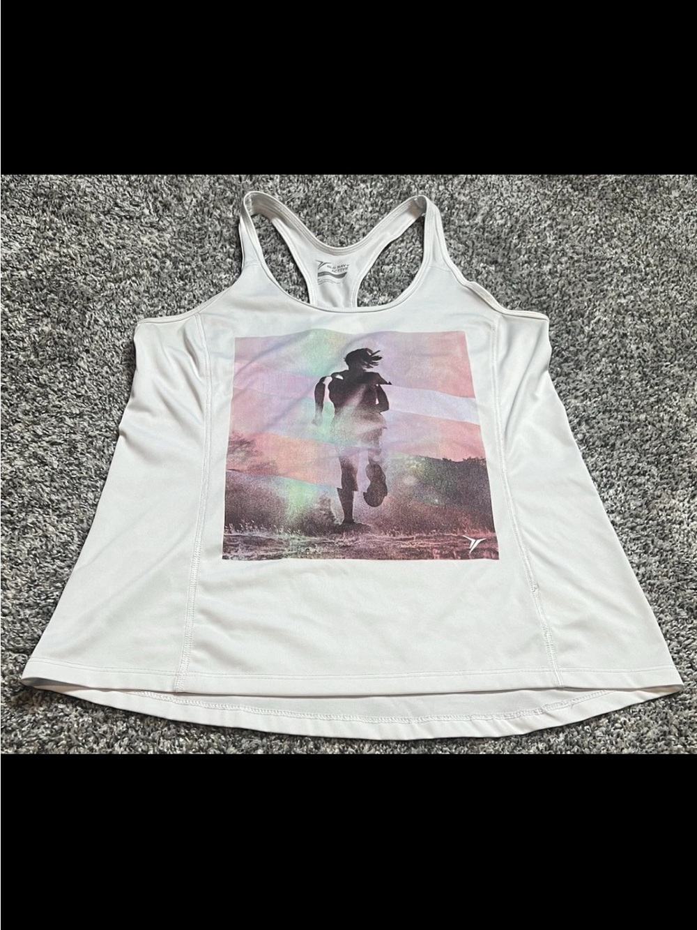 Old Navy White Racerback Tank with Multicolor Runner Graphic